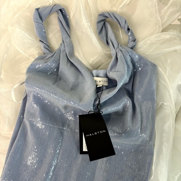 HALSTON Women's Keira Twist Strap Midi Dress in Soft Sequins Sky Blue - Picture 10 of 12